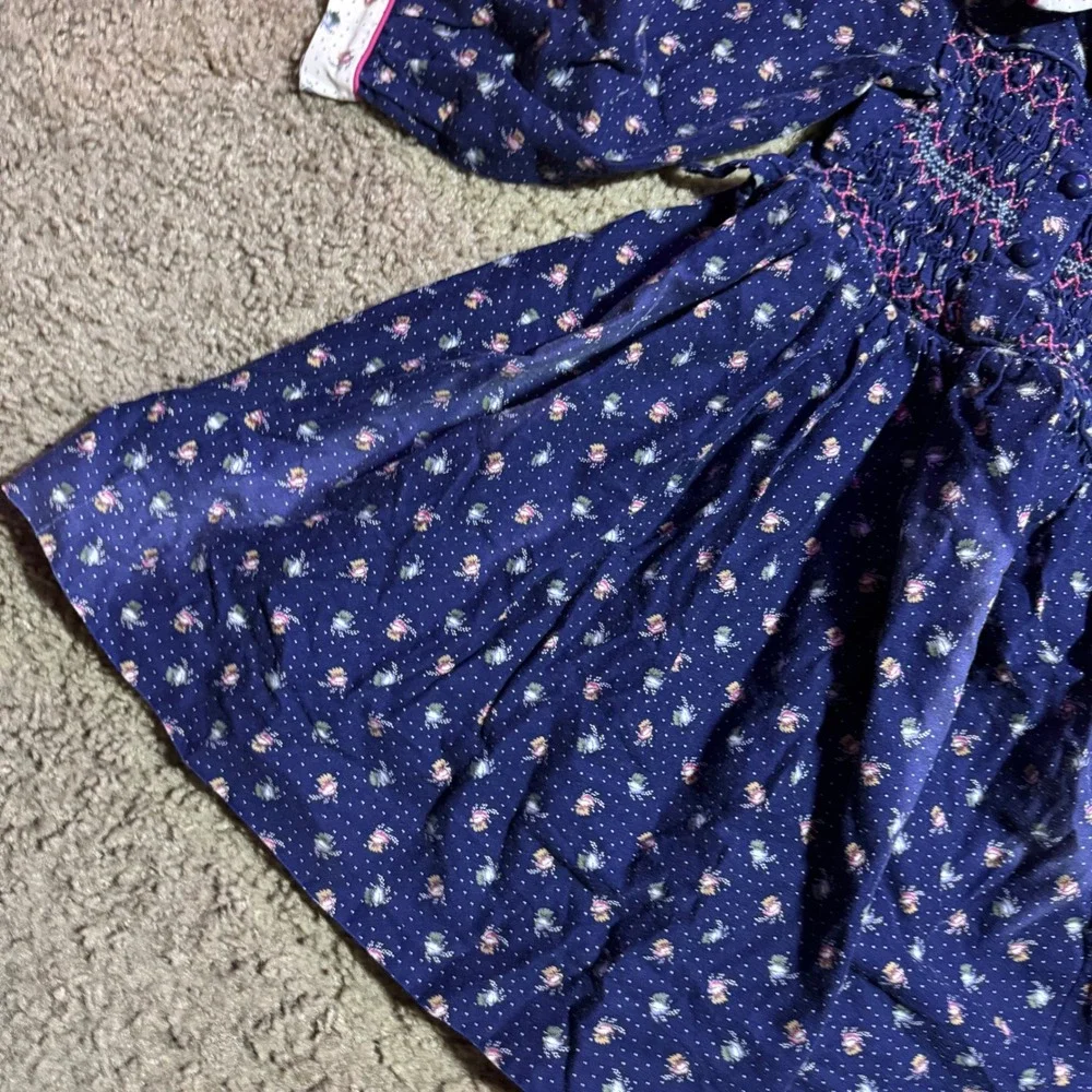 Vintage Dolly Flinders Girls Navy Blue Floral Smocked Cotton Dress Size 6 F6519